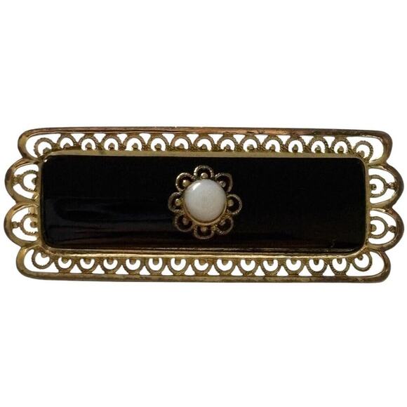 Filigree Jewelry - Antique 800 Sterling Silver Vermeil Filigree Onyx Mourning Bar Brooch Pin